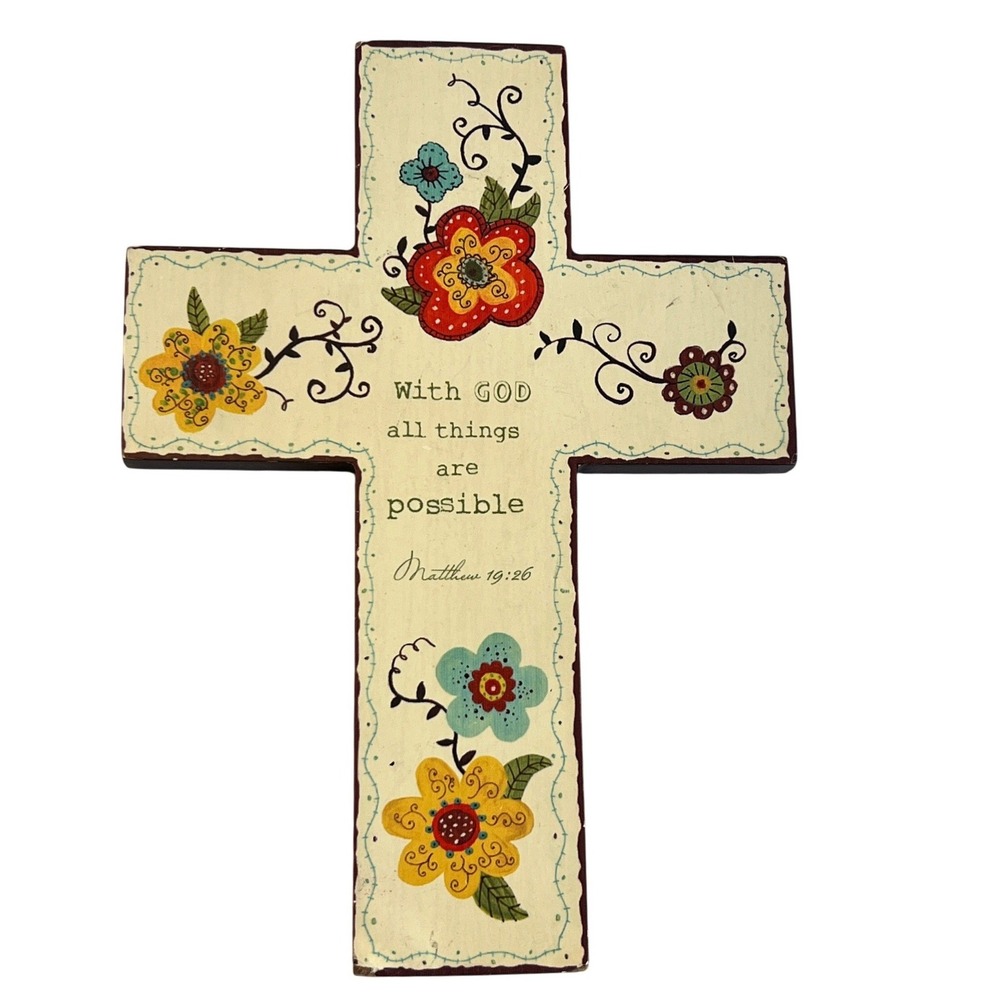 Cross Floral Wood Plaque Matthew 19:26 "With God God All Things Possible"